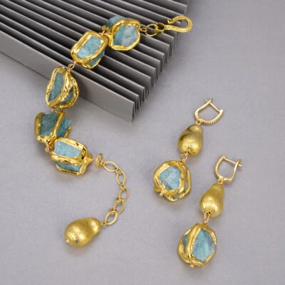 Juegos de aretes colgantes pulsera borde galvanizado pepita áspera amazonita azul Foto 1 de 4