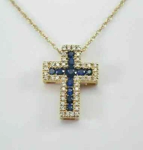 14k Yellow Gold Over Diamond Blue Sapphire Cross Pendant Necklace Chain 2.60Ct - Picture 1 of 2