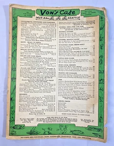VINTAGE WW2 Ära Restaurant Speisekarte - Von's Cafe - Seattle, Washington - COOL! - Bild 1 von 5