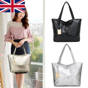 Large Faux Mock Croc Silver Gold Tote Shoulder Shopper Beach Travel Holiday Bag - Picture 1 of 11