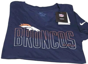 NWT! NIKE-DENVER BRONCOS-Navy Cttn, Womens SS, V.Neck Logo Print Tee Shirt-(M) - Picture 1 of 4