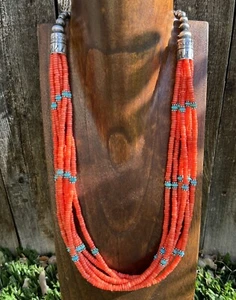Sterling Silver Multi Strand Orange Bamboo Coral Turquoise Bead Necklace 24 Inch - Picture 1 of 12
