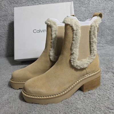 Calvin Klein Anissa Light Natural Suede Fur Trim Chelsea Boots Womens 6M NEW - Image 1 of 4