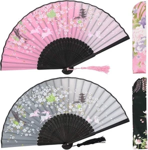 OMyTea Folding Hand Fans for Women - Chinese Japanese Gray & Pink Rabbits - Picture 1 of 7
