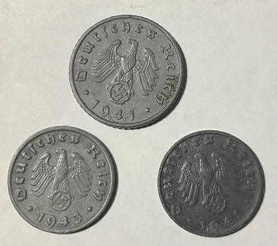 3 monedas de Alemania Segunda Guerra Mundial - 1 - 5 Reichspfennig y 2 - 1 Reichspfennig Tercer Reich zinc Foto 1 de 2