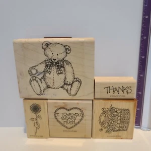 Stampin Up Set 5 Cesto Girasole Orso Bottone 1995 Ritirato Legno Gomma  - Foto 1 di 3