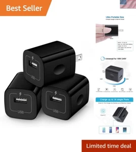 Wall Charger Cube,1A/5V Single Port USB Plug 3 Pack Travel Black Charging Blo... - Picture 1 of 8