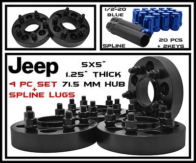4 Pc Black Wheel Spacers Jeep Wrangler JK 5x5 |1.25" Thick| Blue Spline Lug Nuts - Image 1 of 4
