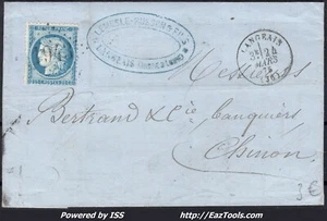 FRANCE N°60C SUR LETTRE GC 1943 LANGEAIS INDRE ET LOIR + CAD DU 24/03/1873 - Picture 1 of 2
