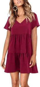 Amoretu V-Neck Short Sleeve Flowy Swing Shift Tunic Dress - Burgundy - Large - Picture 1 of 3