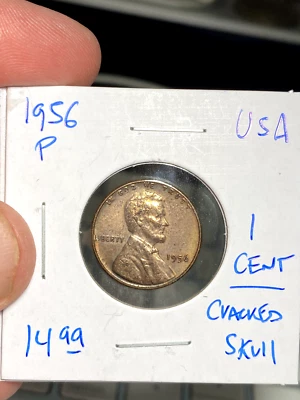 1956 P United States 1 Cent Cracked Skull Error Coin - Image 1 of 2