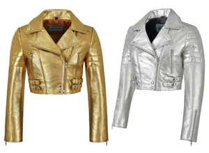 Ladies Biker Metallic Leather Jacket Cropped Short Body Style Real Lambskin 5625 - Picture 1 of 14