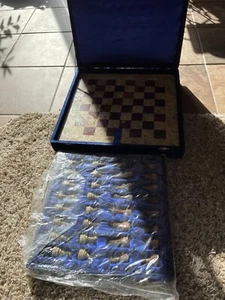 Chess Set Marble Fossil Stone Blue Velvet Case and Satin Lining - Picture 1 of 3