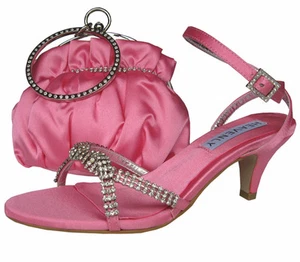 Ladies Wedding Party Low Heel Shoe Evening Sandal Diamante Candy Pink Satin NEW - Picture 1 of 1