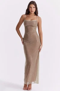 HOUSE OF CB 'Alondra' Cafe Au Lait Beaded Maxi Dress/Size XS-US 2-4/CA149 - Picture 1 of 10
