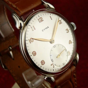 BIG 38 MM " CYMA " SILVERED DIAL, NICE LUGS CASE & MANUAL WIND FROM 40s - Picture 1 of 12