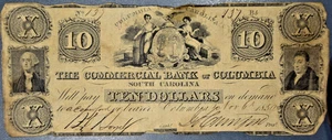1850 $10 S CAROLINA OBSOLETE LARGE NOTE Comm Bank Columbia Nov 6 Gr: F A5392 - Picture 1 of 2