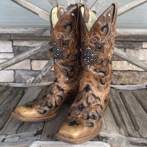 Corral Women's Western Boots Brown Leather w/Black Sequins A2840 Size 9.5 - Picture 1 of 9