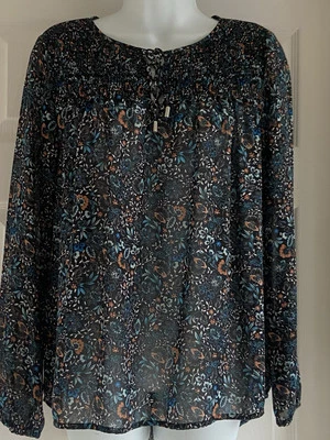 New Look Navy Blue Sheer blouse top bohemian hippie boho floral Floaty size 10 - Image 1 of 4