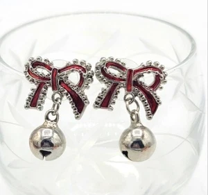 Pendientes de lazo y campana esmaltados rojos jingle colgantes regalo de alegría navideña años 90 vintage - Imagen 1 de 8