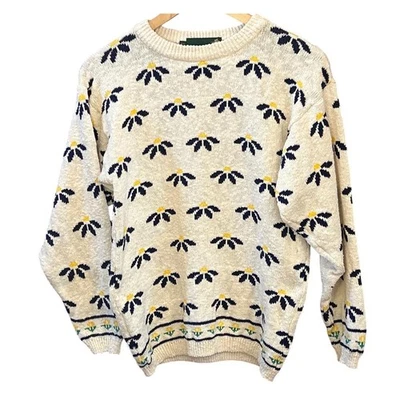 Jumpers Vintage Pure Cotton Floral Daisy Knit Sweater 80s 90s Cottagecore Preppy - Imagem 1 de 4