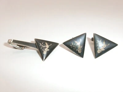 Gemelos y clip de corbata vintage SIAM de bailarina de Bali triángulos negros y plateados Foto 1 de 4