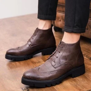 Men's Ankle Boots Lace Up Dress Faux Leather Low Heel Business Work Casual Shoes - Picture 1 of 8