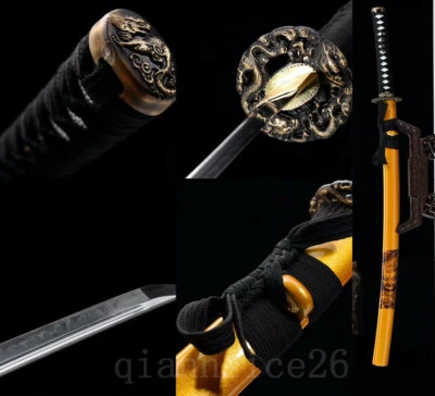 T1095 Carbon steeL CLAY TEMPERED  JAPANESE SWORD KATANA YELLOW  SAYA BRASS TSUBA - Image 1 of 4