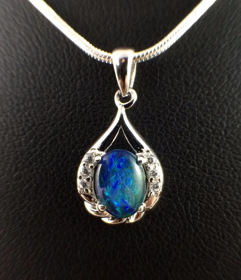 Ciondolo collana opale tripletta originale con zirconi placca in oro bianco 1... - Immagine 1 di 4