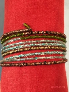 Coil Wrap Beaded Bracelet With Nine Loops Finished Hanging Ends Blue Brown Gold - Picture 1 of 12