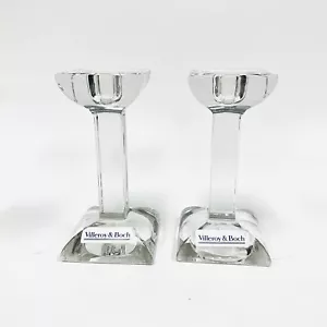 NEW Villeroy & Boch Pair 4” Heavy Crystal Taper Candle Holders Square Base - Picture 1 of 5