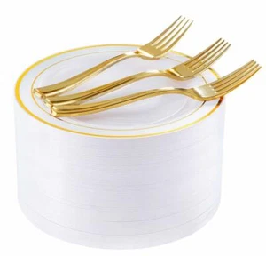 Gold Dessert/Salad Plates White with Gold Rim - Plastic Forks Included - 144 PCS - Picture 1 of 6