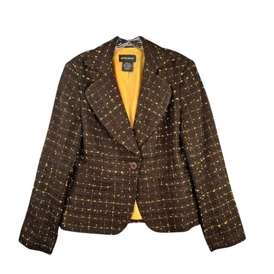 Metrostyle Blazer Women's Size 10 Brown Gold Plaid Career Jacket Shoulder Pads - Image 1 of 4