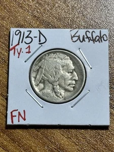 Moneda 1913 D Tipo 1 Búfalo Níquel FN Fina Mejor Fecha (Raw16088) - Imagen 1 de 2