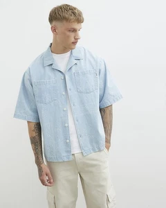 River Island Mens Shirt Blue Regular Fit Paisley Denim Collared Short Sleeve Top - Picture 1 of 7