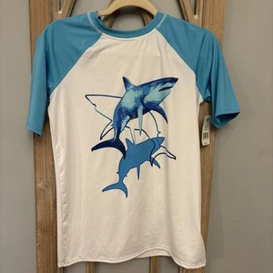 Lands’ End Size XL (14-16) Short Sleeve Tee Rash Guard Swim White/Blue Sharks - Picture 1 of 5