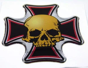 Maltese cross with Skull Emblem domed decal on chrome Bike Motorcycle Car 2.5" - Imagen 1 de 3