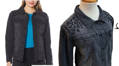 New DG2 Diane Gilman PLUS SZ 2X Stretch DOG PAW PRINTS Denim Jacket BLACK - Image 1 of 4