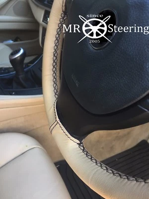 FITS VOLVO V70 2000-2007 BEIGE LEATHER STEERING WHEEL COVER BLACK DOUBLE STITCH - Image 1 of 4