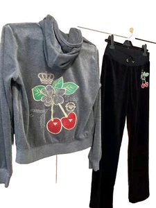 Juicy Couture Black Gray Velour Track Suit Set Woman’s Size S Cherry Rhinestones - Picture 1 of 21