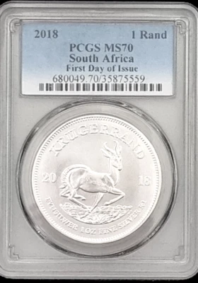 2018 Krugerrand 1 Rand PCGS MS70 1st Day Issue South Africa Silver Coin PM0062 - Image 1 of 2
