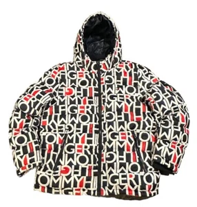Tommy Hilfiger Men's Navy All Over Logo Print Quilted Puffer Hooded Jacket - Picture 1 of 19