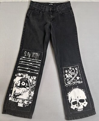 Pantalones de mezclilla HOT TOPIC para hombre talla 30 x 32 negros pierna ancha parche punk calaveras flecos EC 0893 Foto 1 de 4