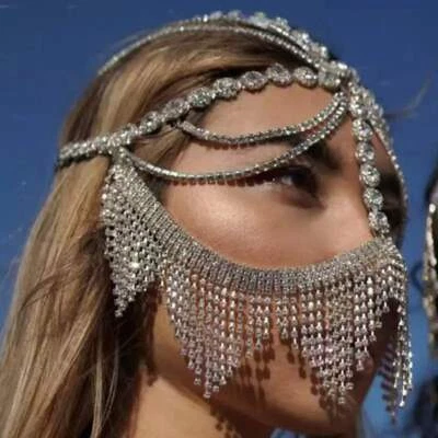 Women Veil Chain Mask Fashion Headwear Rhinestone Tassel Jewelry Dance Mask NEW - Image 1 of 4