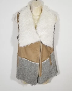 Saturday Sunday Anthropologie Women Gray Tan Small Moto Vest Faux Suede Fur Wool - Picture 1 of 12