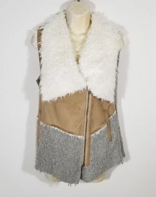 Saturday Sunday Anthropologie Women Gray Tan Small Moto Vest Faux Suede Fur Wool - Image 1 of 4