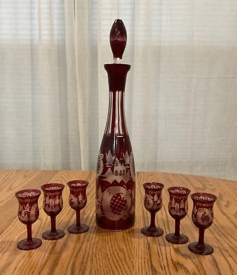 Egermann Czech Bohemian Ruby Red Cut To Clear Decanter Stopper 6 Cordial Glasses - Image 1 of 4