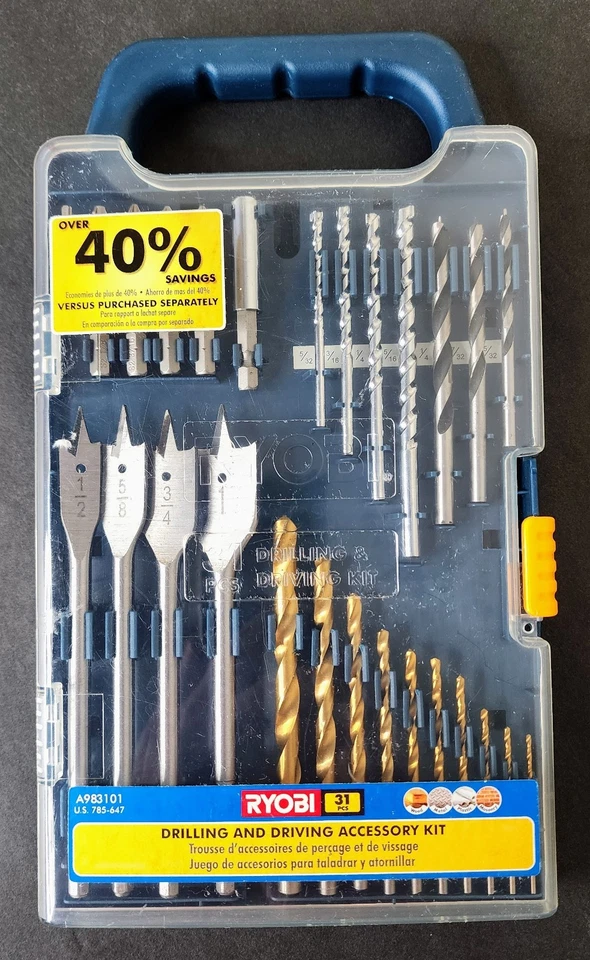 Kit de acessórios de perfuração e direção Ryobi 31 peças brocas de pá de alvenaria de titânio - Imagem 1 de 4