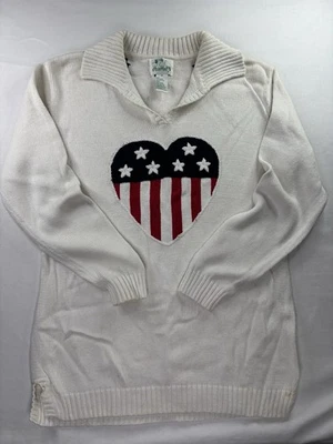 Quacker Factory Chunk Knit Sweater American Flag Patriotic Print Hearts & Stars - Image 1 of 4