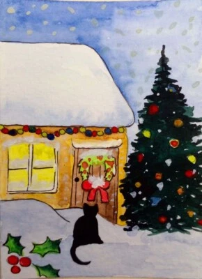 ACEO оригинальная картина акварель рождественская елка черный кот зима снег животное - Изображение 1 из 2